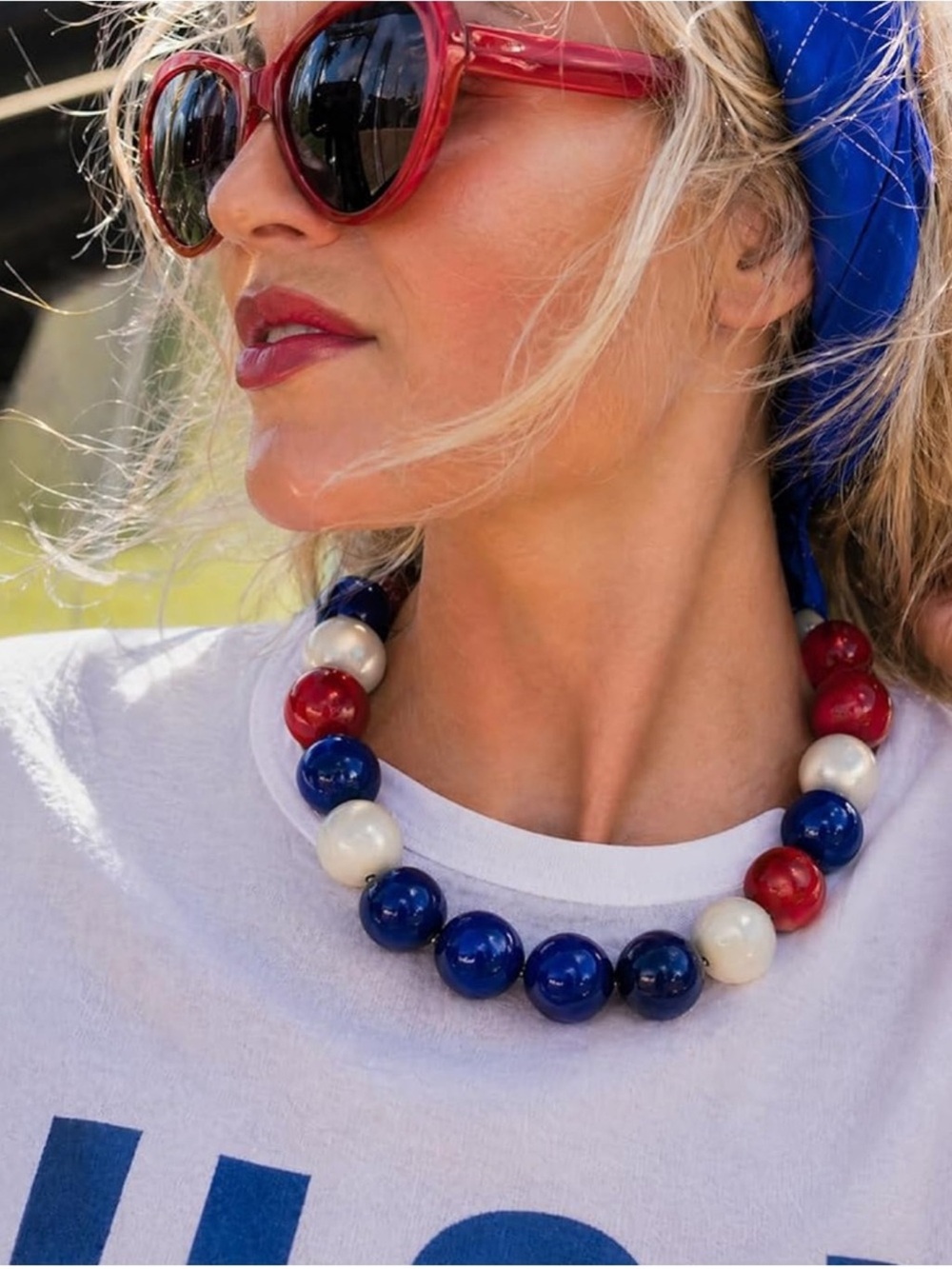 Red White and Blue Beaded Statement Necklace
